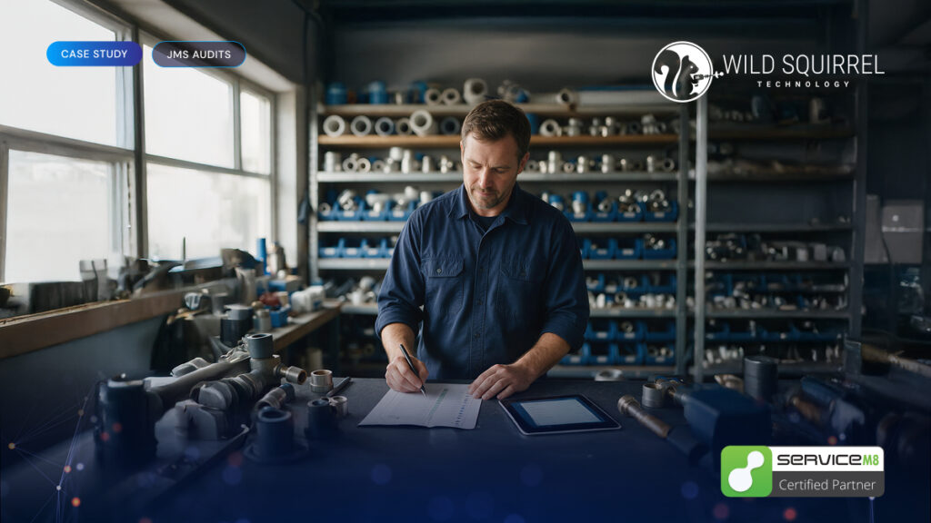 Plumber at a workshop bench marking up a ServiceM8 audit checklist with a tablet beside it
