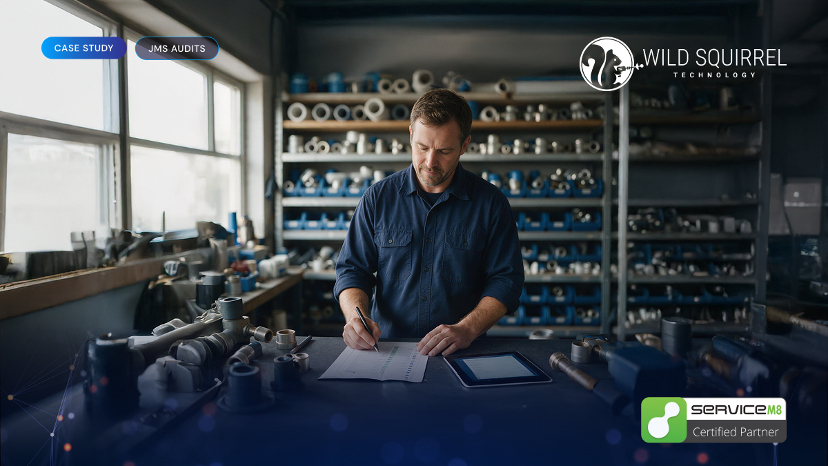 Plumber at a workshop bench marking up a ServiceM8 audit checklist with a tablet beside it
